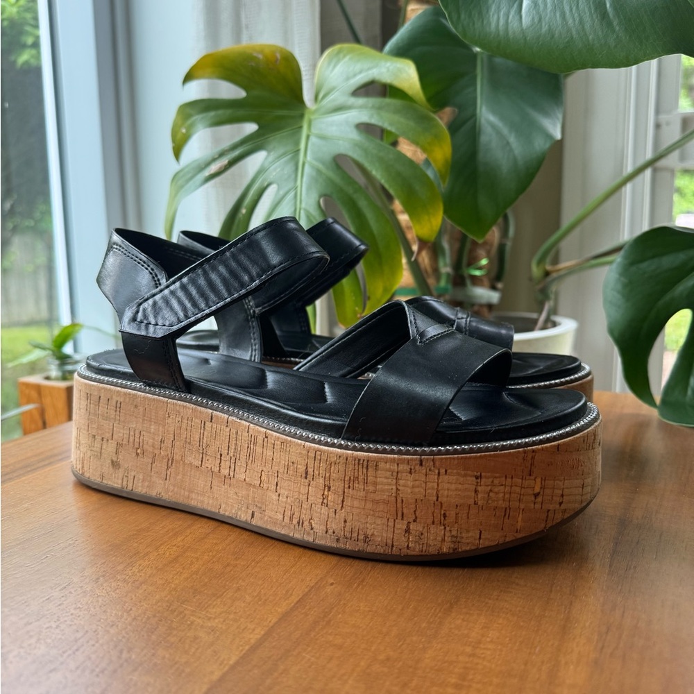 Franco Sarto Black Leather Cork Platform Sandals - Picture 5 of 11